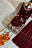 Wine Velvet Moti Work Palazzo with Organza Silk Dupatta