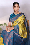 Lemon Teal Banarasi Soft Silk Floral Buti Woven Saree
