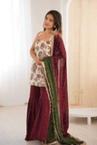 Ivory & Wine Embroidered Natural Silk Kurti Sharara Set with Faux Georgette Dupatta - kavyo.in