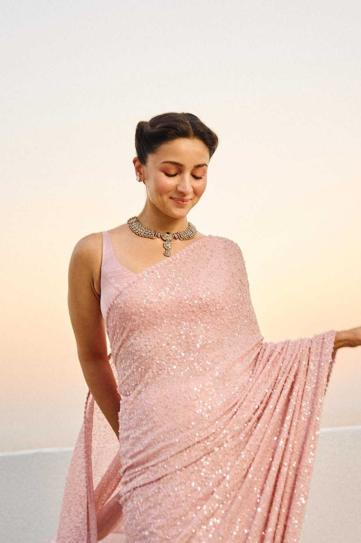 Blush Pink Heavy Georgette Saree with Full Sequin Embroidery Work (Alia Inspired)
