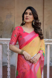 Yellow & Pink Pure Linen Saree with Silver Border & Tassels