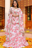 Elegant Floral Printed Georgette Lehenga with Step Flair & Fancy Lace Dupatta