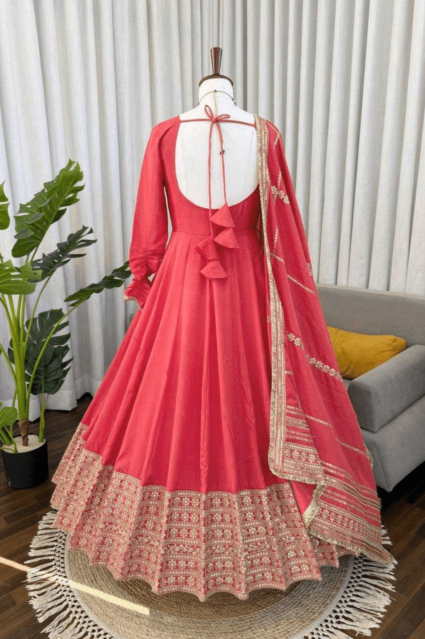 Peach Chinon Silk Anarkali Set with Pant & Lace Dupatta - kavyo.in