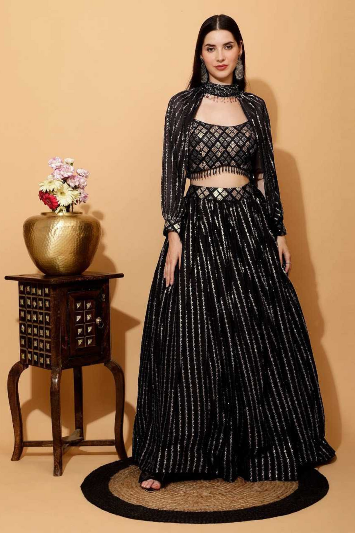 Black Sequin Georgette Designer Lehenga Set