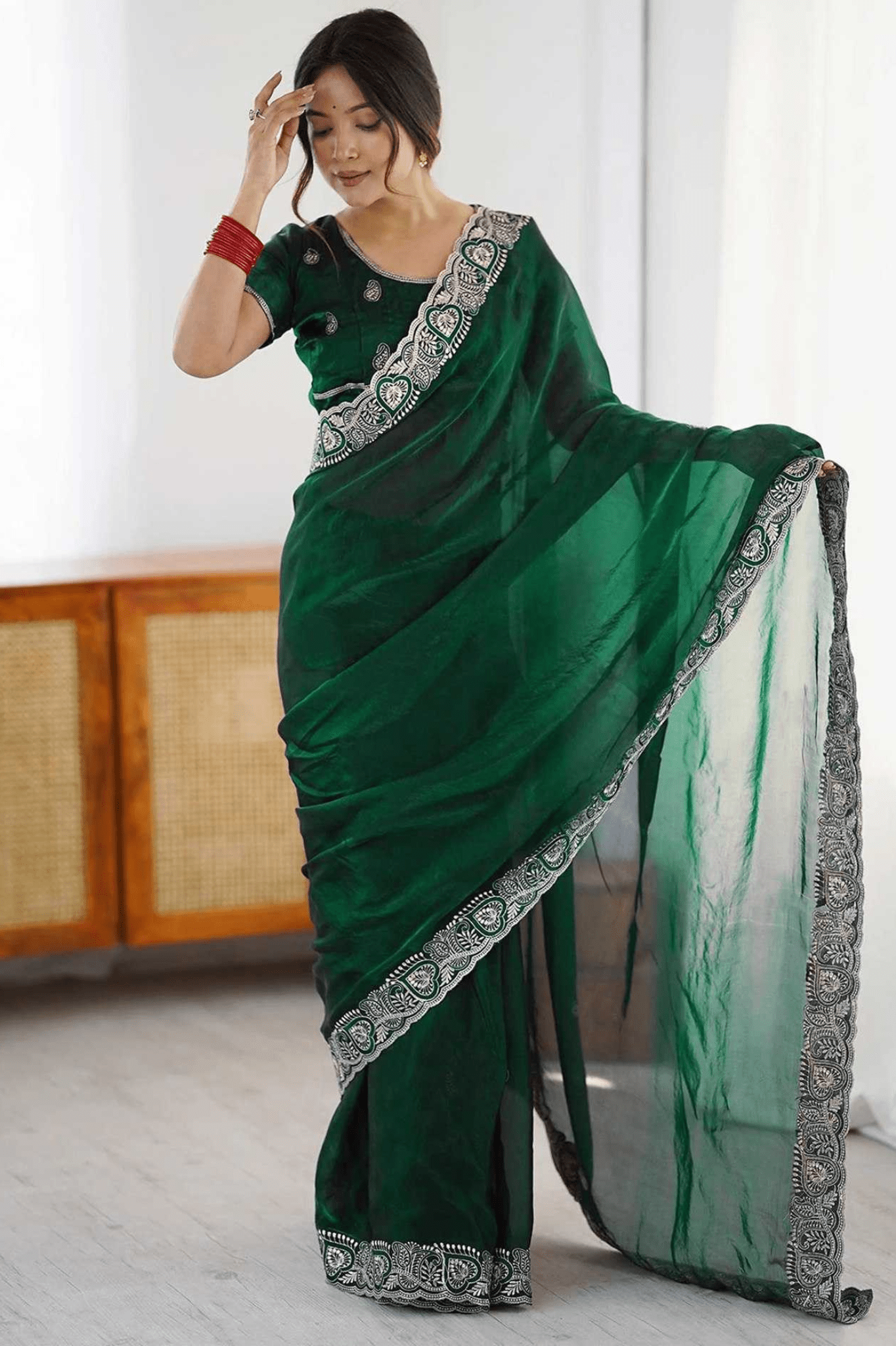 Green Rangoli Party Wear Saree with Embroidered Border Lace - kavyo.in
