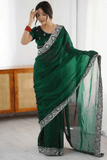 Green Rangoli Party Wear Saree with Embroidered Border Lace - kavyo.in