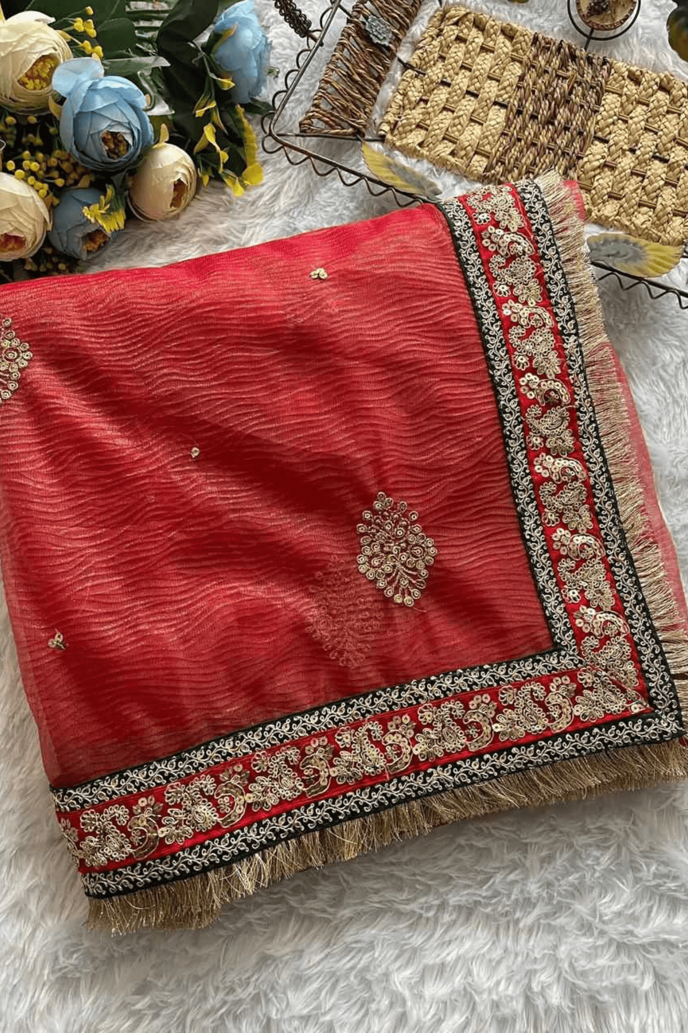 Rani Ember Heavy Banarasi Crush Silk Saree with Embroidered Sequin Blouse - kavyo.in