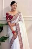 Off White Banarasi Crush Saree with Maroon Embroidered Blouse & Sequins Border