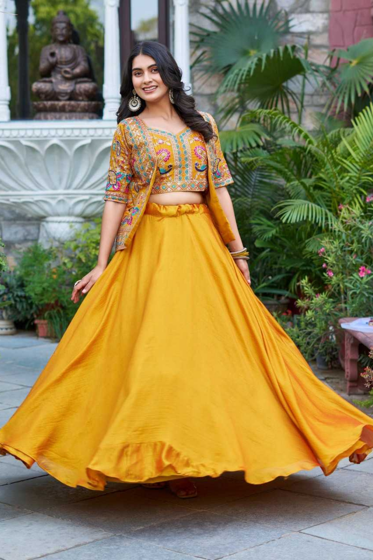 Mustard Glow Vichitra Silk Lehenga with Embroidered Koti