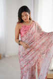 Elegant Pink Floral Chinnon Saree with Kutchi Mirror Lace Border