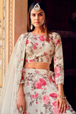 Elegant White Floral Printed Georgette Lehenga with Pearl Work Blouse & Georgette Dupatta