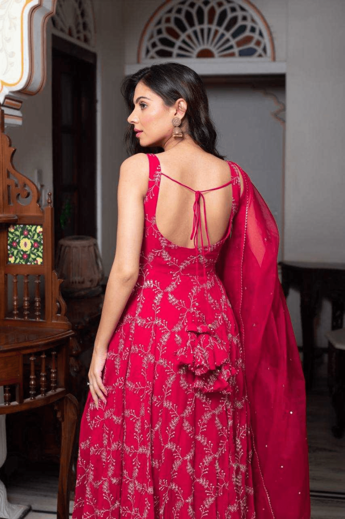 Ruby Red Faux Georgette Anarkali Set with Sharara & Lace Dupatta - kavyo.in