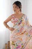 Elegant Floral Heavy Chinnon Saree with Mirror Lace Border