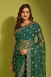 Dark Green Georgette Chiffon Saree with Floral Foil Print and Embroidered Lace Border