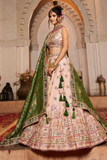 Peach Tissue Embroidered Lehenga Choli with Green Dupatta