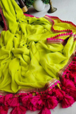 Neon Yellow Georgette Saree with Pink Lace Border & Tassels