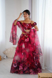 Radiant Red Organza Digital Print Lehenga Set