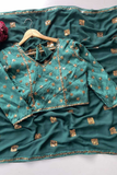 Luxury Teal Faux Georgette Party Wear Saree with Heavy Sequin Box Work