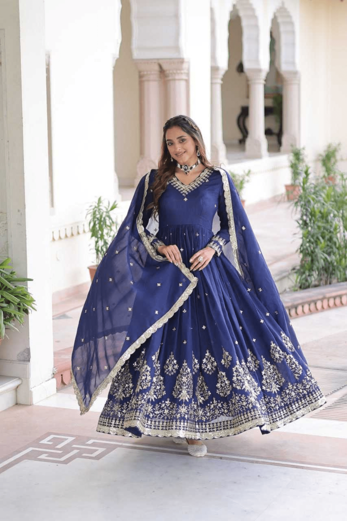 Teal Blue Royal Vichitra Silk Anarkali Gown Set - kavyo.in