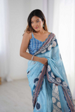 Sky Blue Chinnon Saree with Kutchi Mirror Lace Border