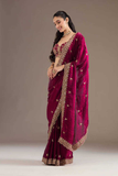 Maroon Frandy Satin Silk Saree with Sequins & Jari Dori Embroidery
