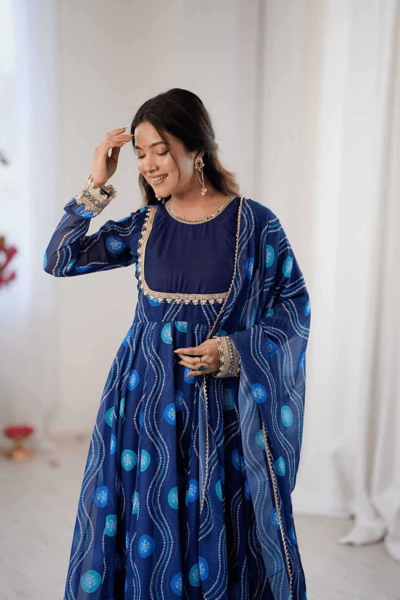 Royal Blue Bandhani Print Fox Georgette Anarkali Gown Set with Dupatta & Pant - kavyo.in