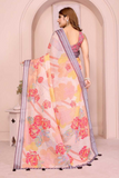 Peach Linen Cotton Floral Printed Saree with Striped Border & Tassels