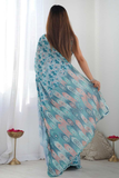 Aqua Blue Printed Heavy Chinnon Saree with Mirror Lace Detailing