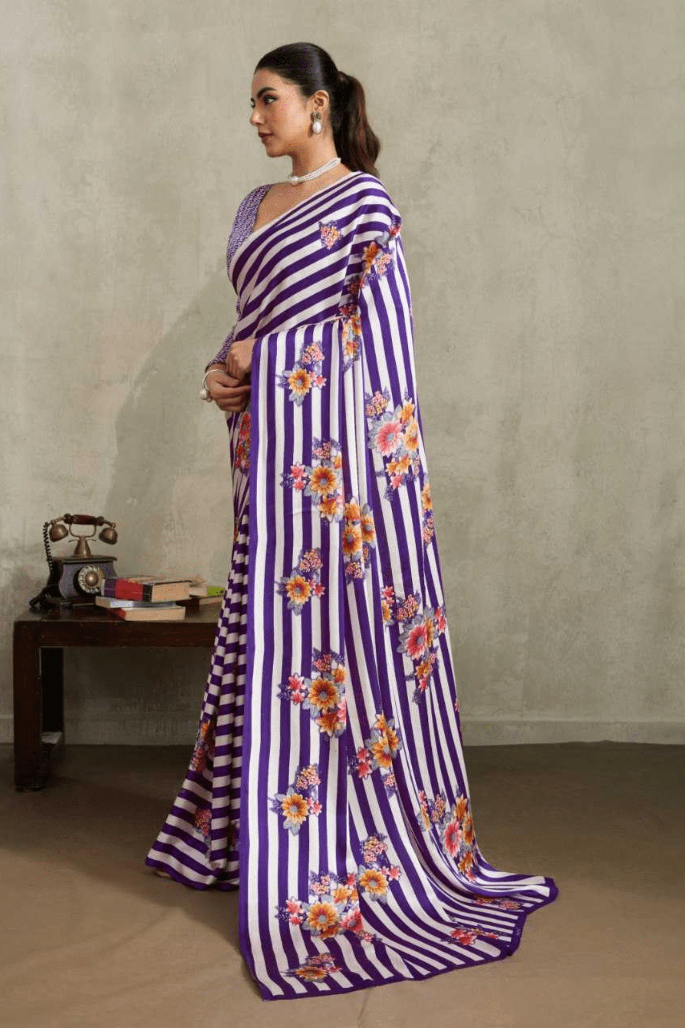 Modern Monochrome Ajrakh Modal Satin Saree - kavyo.in