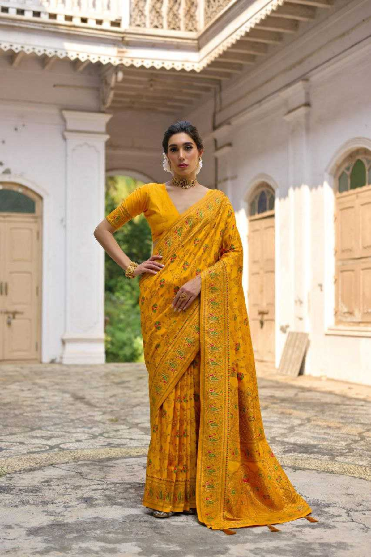 Yellow Extra Soft Pashmina Silk Saree with Kashmiri Jal Weaving & Zari-Meena Work