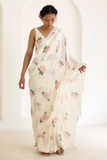Plain Linen White Saree with Digital Floral Print & Matching Blouse