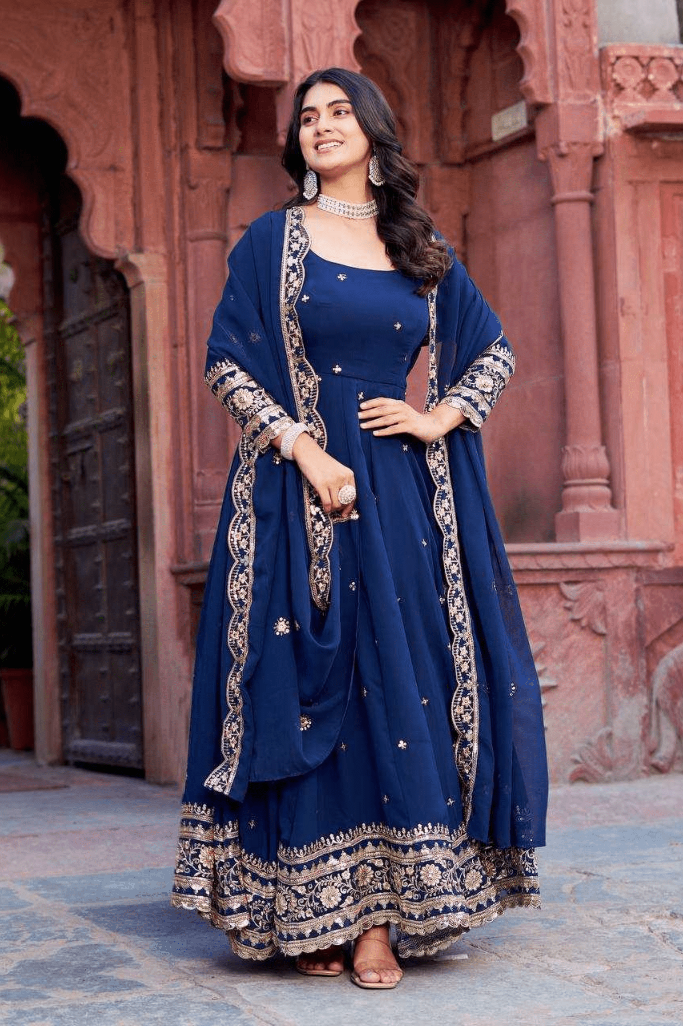 Regal Charm Faux Georgette Embroidered Gown Set with Dupatta - kavyo.in