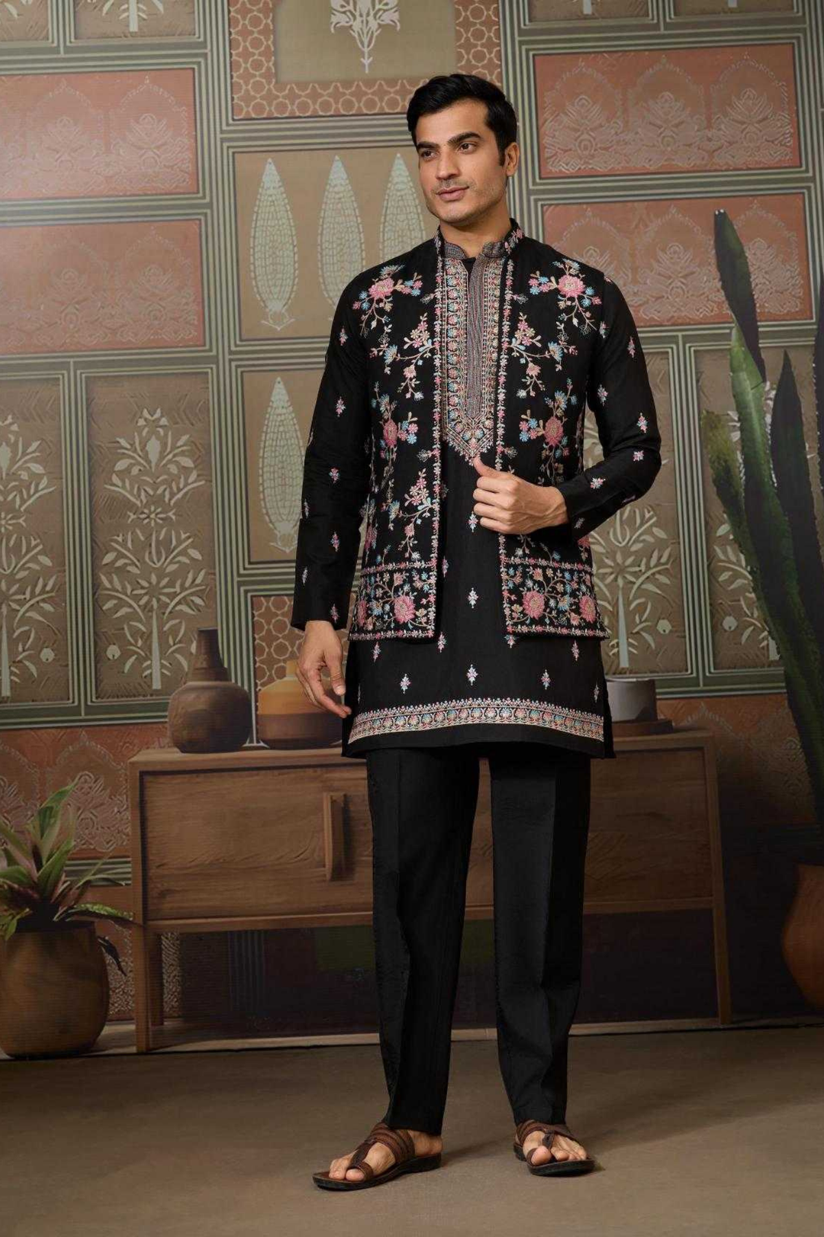 Black Embroidered Kurta with Koti & Bottom