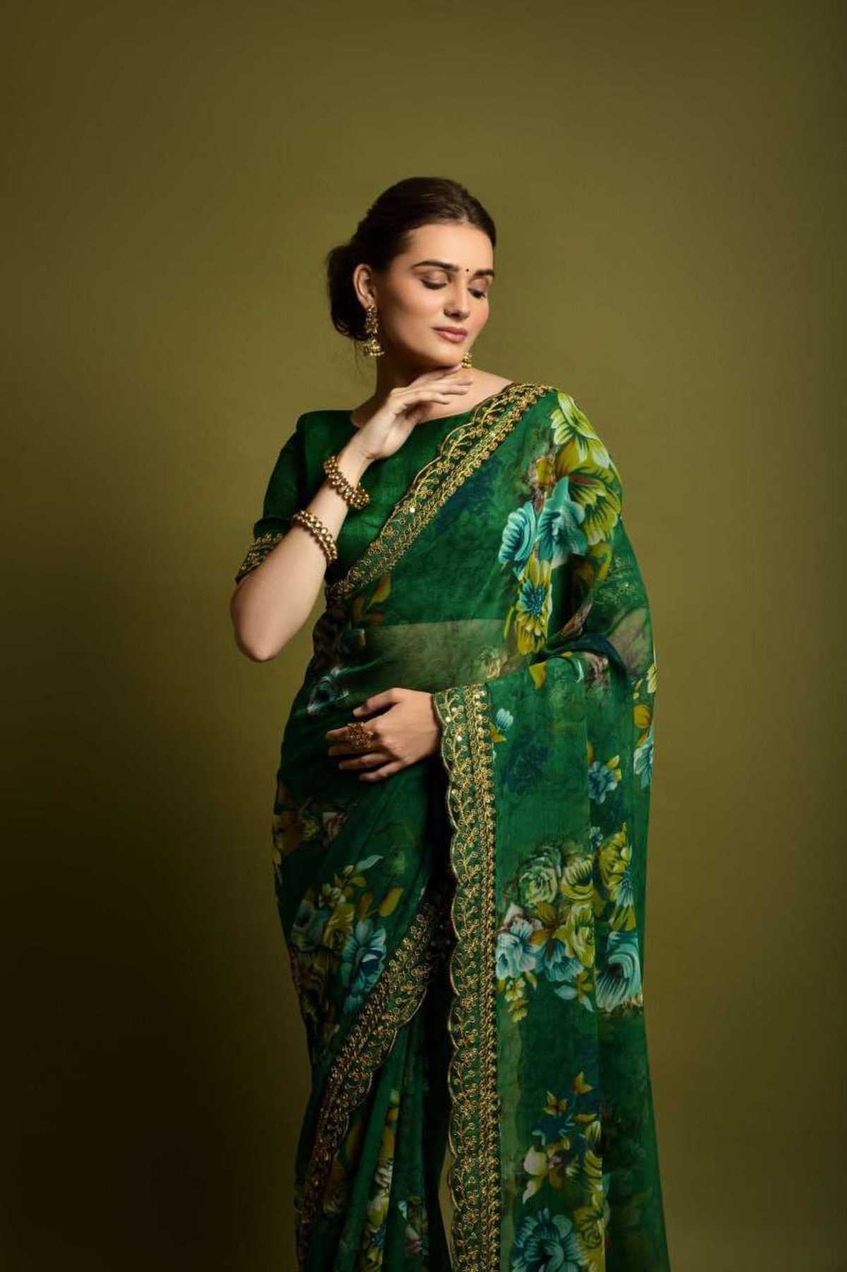 Green Floral Georgette Saree with Golden Embroidered Lace Border