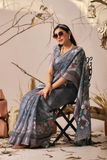 Steel Grey Premium Linen Cotton Digital Print Saree