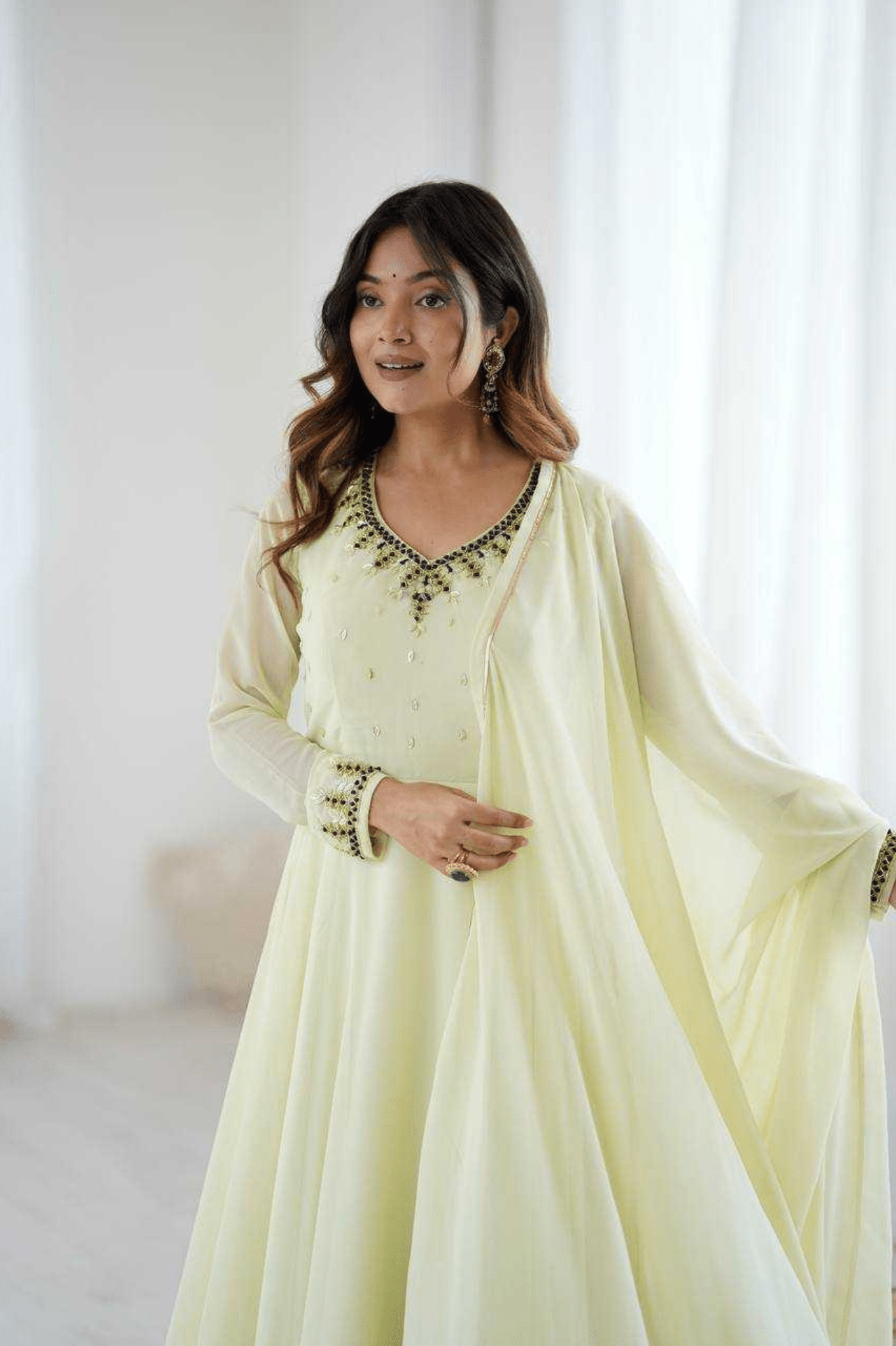 Elegant Lemon Yellow Fox Georgette Handwork Anarkali Suit Set - kavyo.in