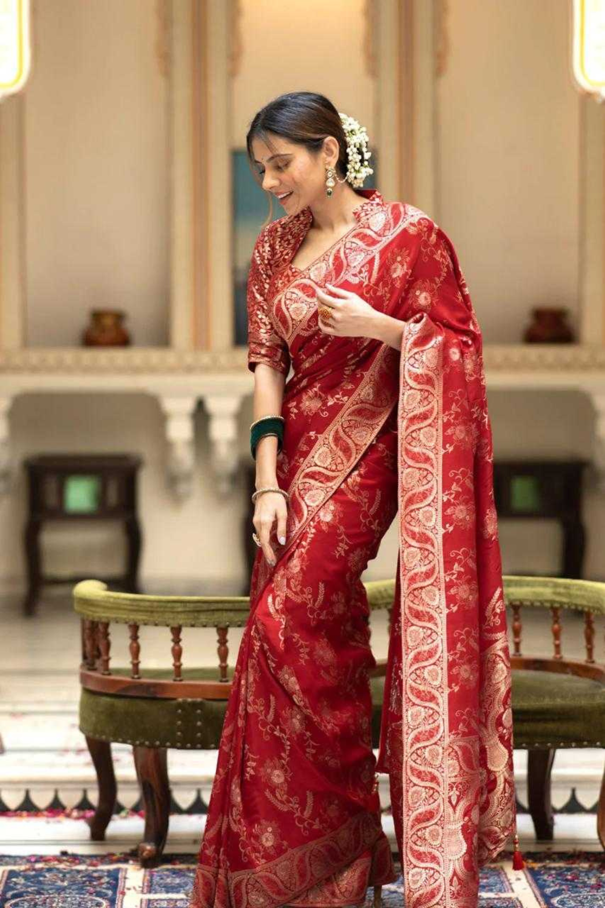 Red Kanjivaram Banarasi Silk Saree with Rich Zari Weaving & Jacquard Blouse