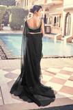 Elegant Black Organza Ruffle Saree with Real Mirror & Sequins Work Blouse