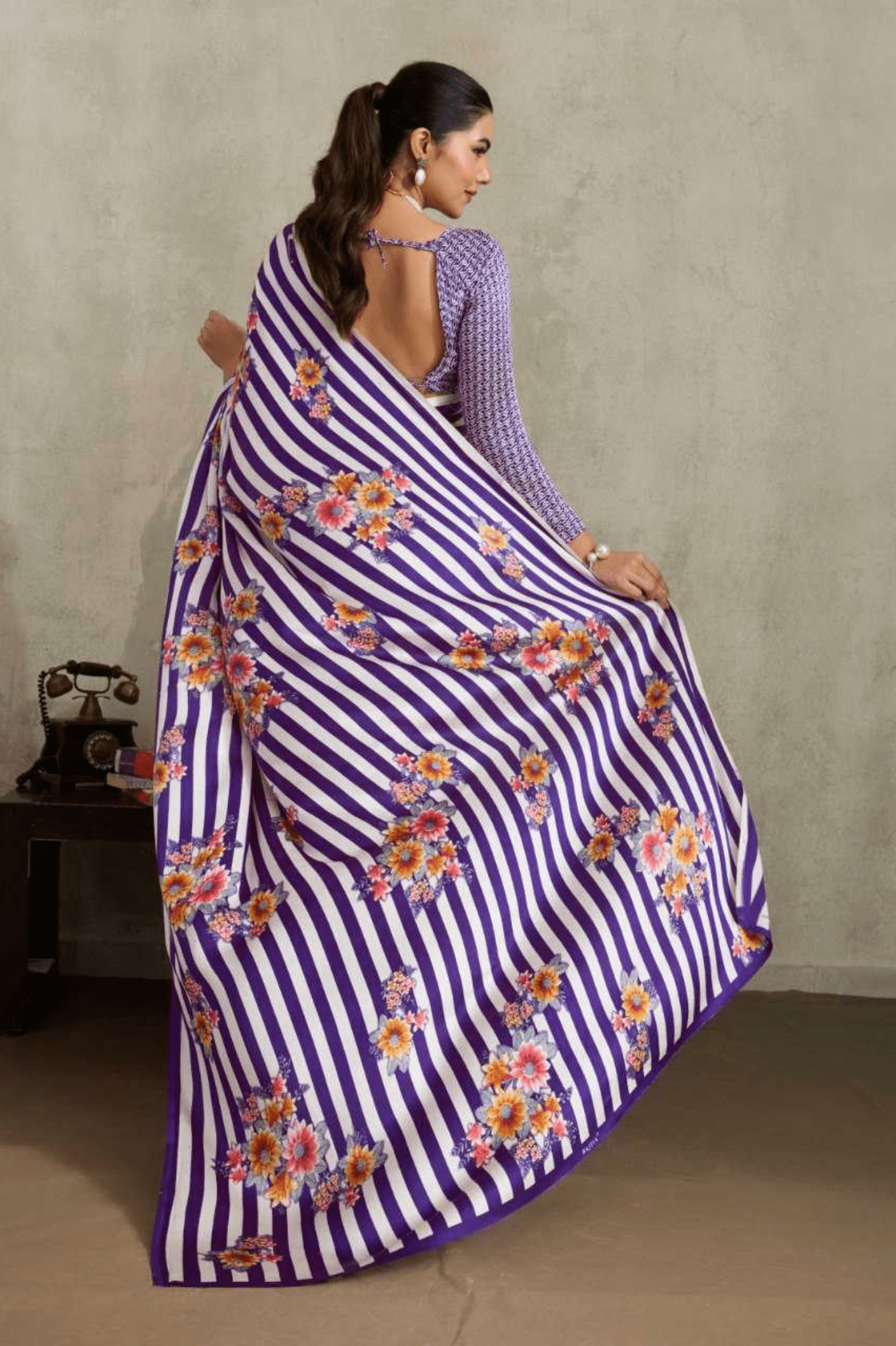 Modern Monochrome Ajrakh Modal Satin Saree - kavyo.in