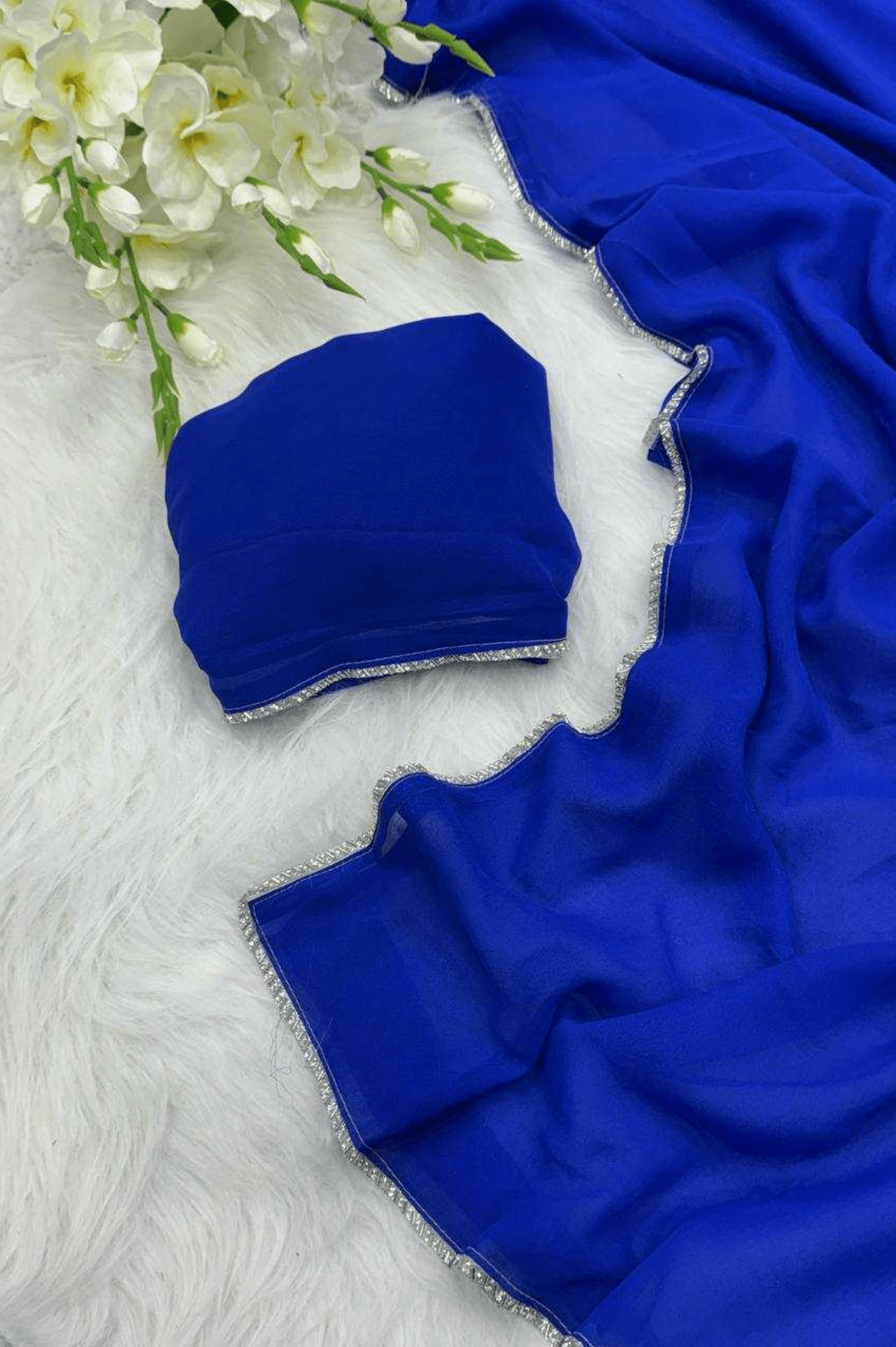 Royal Blue Faux Georgette Saree with Zarkhan Diamond Border - kavyo.in