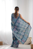 Royal Blue Kutchi Print Heavy Chinnon Saree with Mirror Lace Border