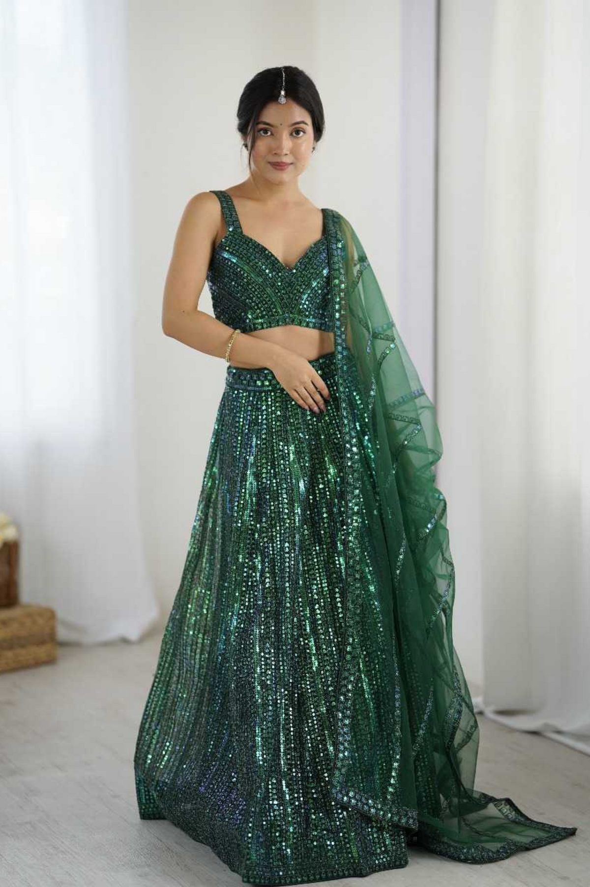 Emerald Green Net Sequins Lehenga with Blouse & Dupatta