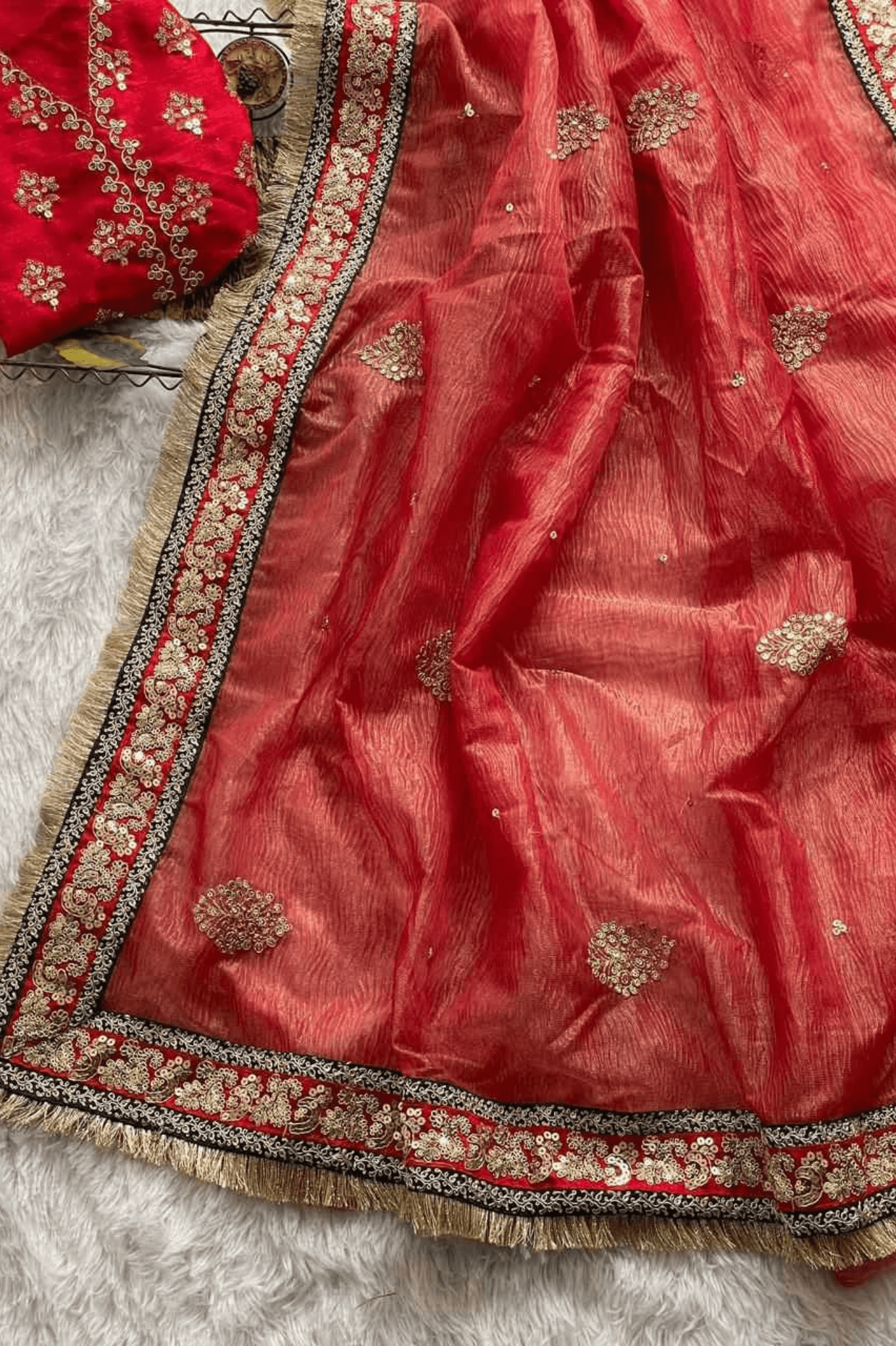 Rani Ember Heavy Banarasi Crush Silk Saree with Embroidered Sequin Blouse - kavyo.in