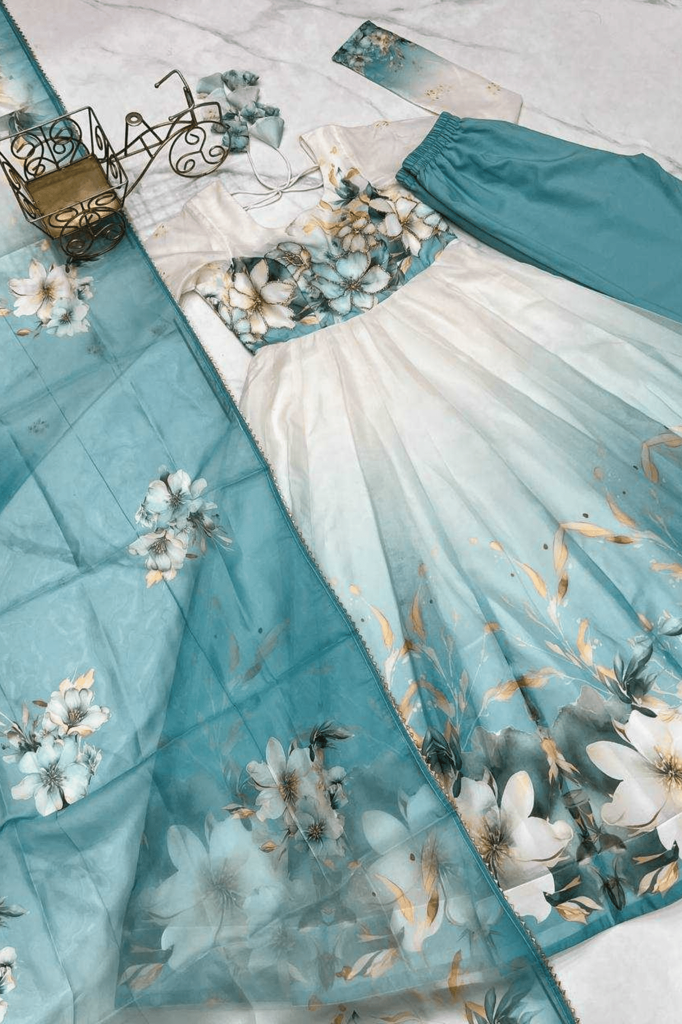 Pastel Aqua Organza Silk Handwork Anarkali Gown Set - kavyo.in