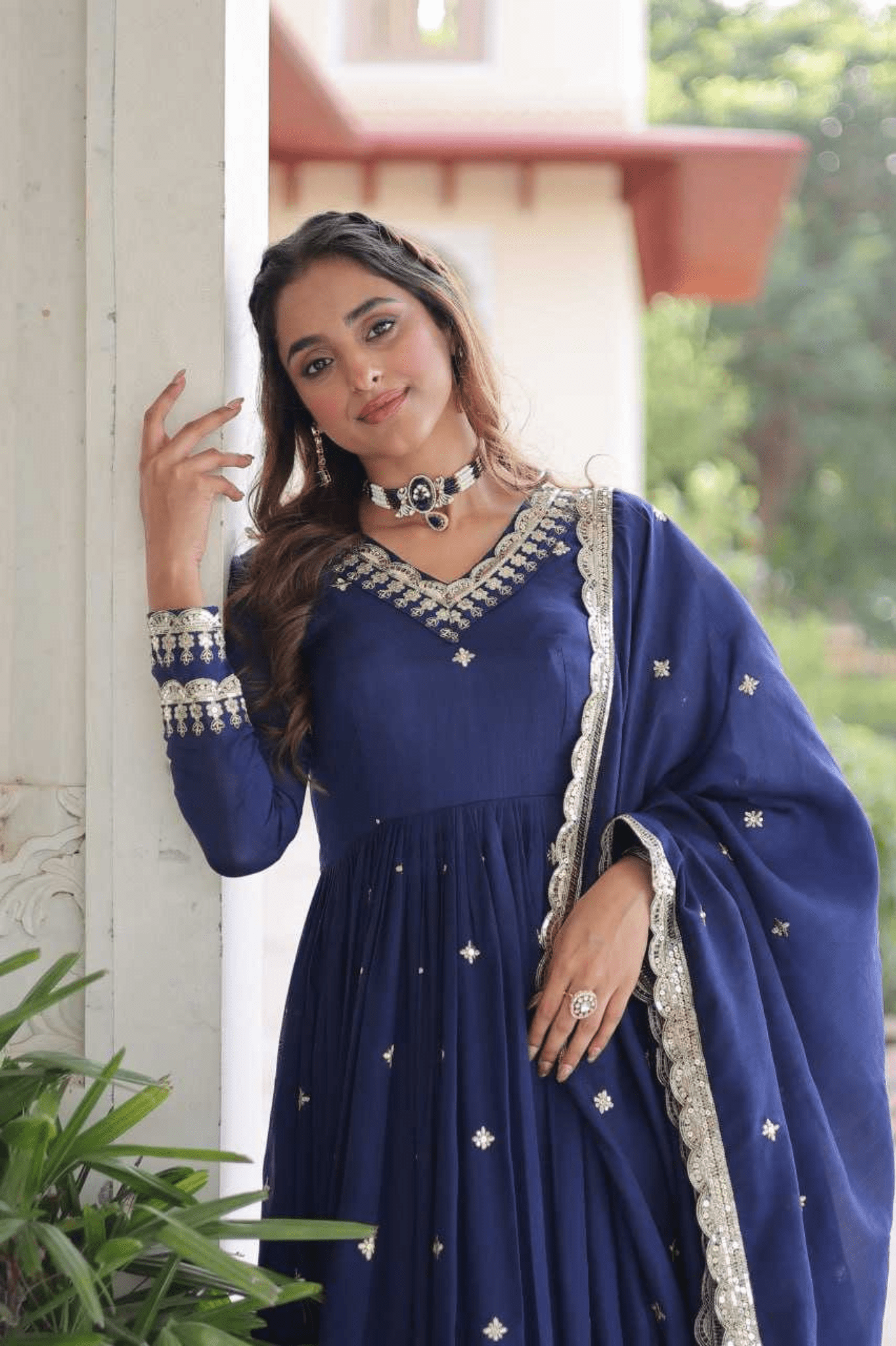 Teal Blue Royal Vichitra Silk Anarkali Gown Set - kavyo.in