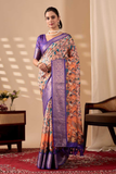 Soft Lichi Silk Saree with Digital Ethnic Motif Print & Royal Purple Zari Border