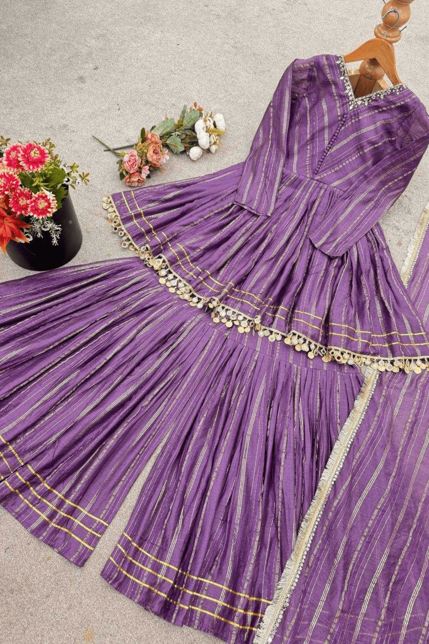 Purple Mal Chanderi Mirror Work Sharara Palazzo Set - kavyo.in