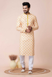 Yellow Print Mono Cotton-Poly Kurta Pajama Set for Men
