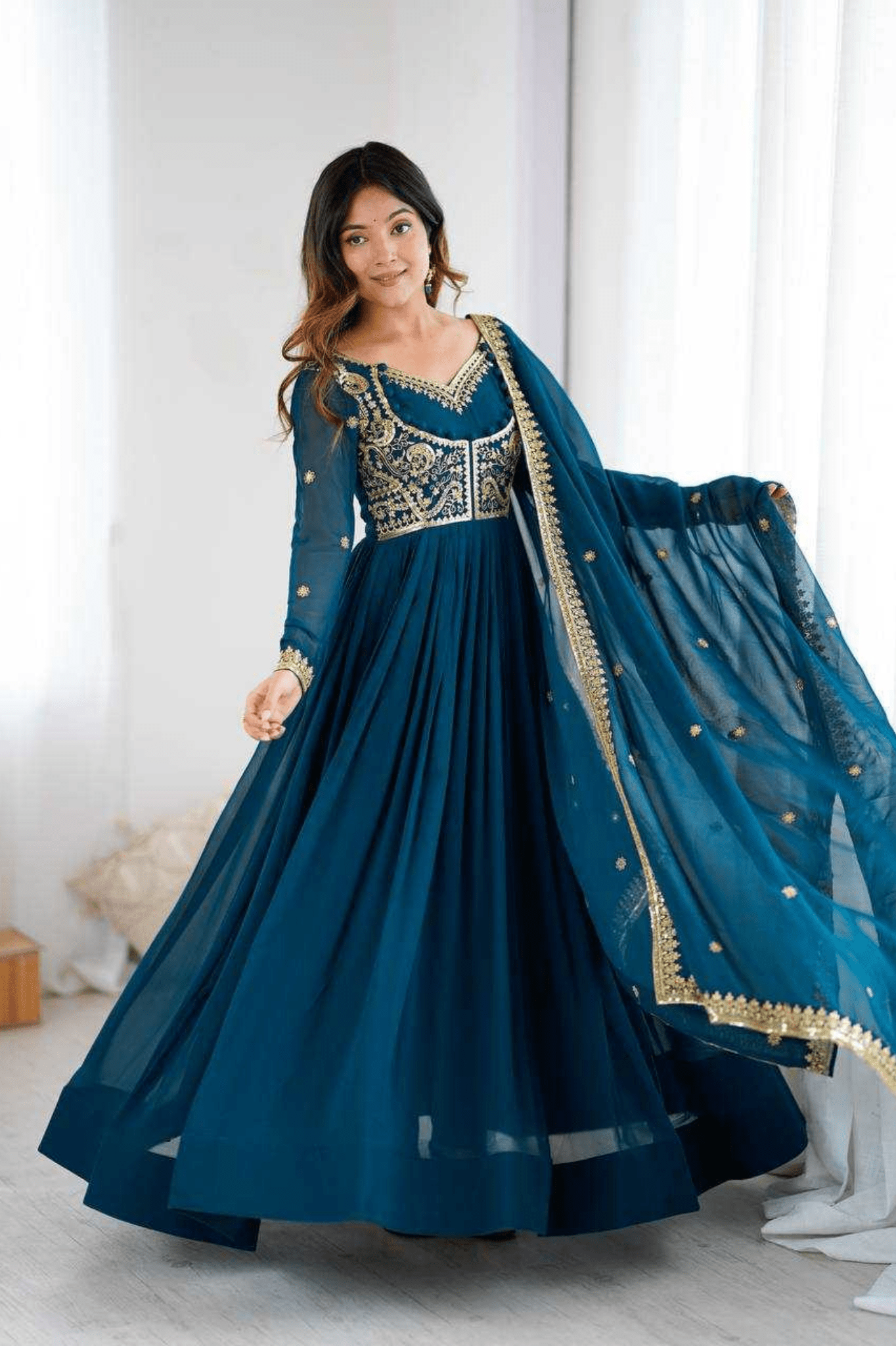 Teal Royale Faux Georgette Embroidered Suit Set with Dupatta - kavyo.in