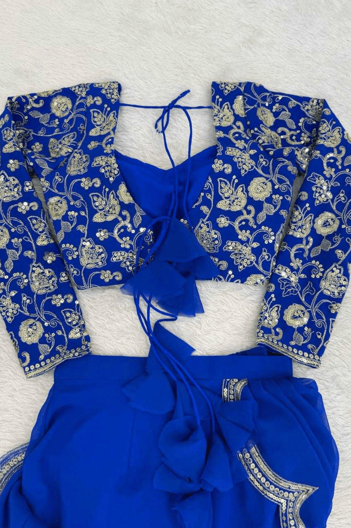 Azure Bloom Faux Georgette Ruffle Saree with Embroidered Blouse - kavyo.in